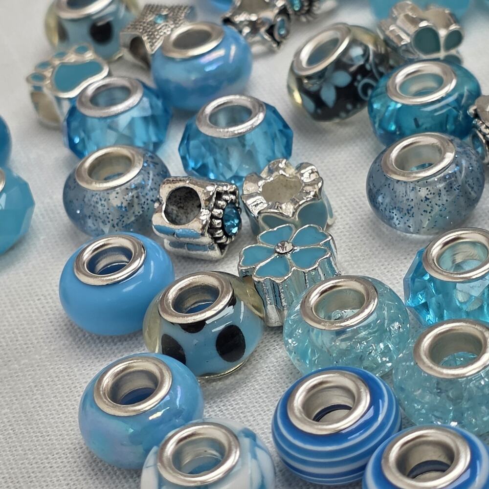 Blue European Style Large Hole Charm Bead Lot Silver Tone Jewelry